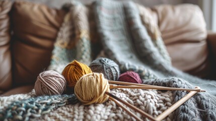 Fototapeta na wymiar Vintage wooden knitting needles and threads on a cozy sofa with