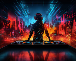 Vintage DJ silhouette neon backdrop pulsating to the beat panoramic view iconic 80s discotheque vibe colorful lively atmosphere  graphic design