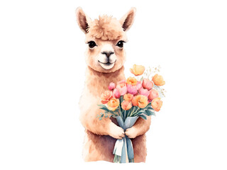 cute alpaca, llama with bouquet of flowers , watercolor illustration, png on transparent background