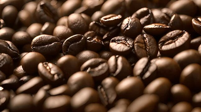 Brown Roasted Coffee Beans Closeup. Slider shot of coffee beans during roasting. 