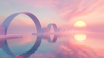 3d render, Abstract surreal pastel landscape background with architectural and geometric, beautiful...