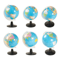 A set of six globes, each with a different color, are lined up on a table