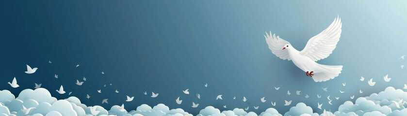 A white dove ascends with open wings above a multitude of birds against the gradient blue sky, representing leadership and freedom.
