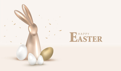 Happy Easter card with metallic gold eggs and rabbit. Holiday banner. Decor brown bunny and white egg background. Celebrate festive vector.
- 768884758