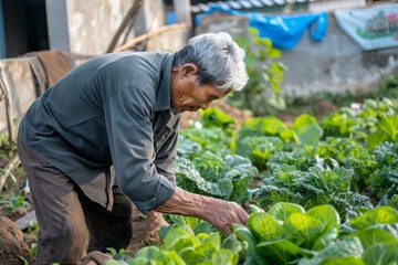 greyhaired vietnamese man tending to a vegetable garden