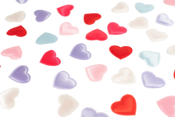The hearts are of various sizes and colors, creating a vibrant