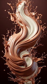 Artistic chocolate splash encircling sumptuous ice cream closeup glossy chocolate arcs in midair elegant indulgent treat imagery  3D render