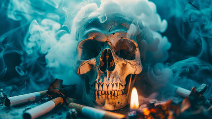 A mysterious skull emerging from a veil of smoke, with burning cigarettes scattered around, - obrazy, fototapety, plakaty