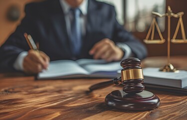 A man practicing law uses a wooden gavel to work on the contract paperwork of a significant lawsuit involving a commercial client. - obrazy, fototapety, plakaty
