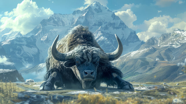 A striking digital image of a grand yak with large horns lounging peacefully against a backdrop of towering snow-capped mountains and a clear blue sky