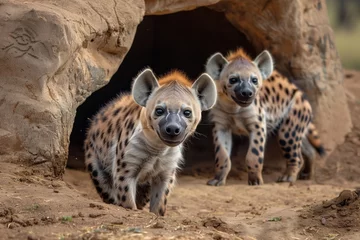 Gordijnen hyena cubs playfully peeking from a burrow in the savannah © studioworkstock