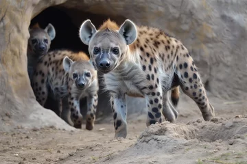 Muurstickers hyena cubs playfully peeking from a burrow in the savannah © studioworkstock