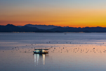 Winter morning scenery of the South Sea. Sunrise scenery of Goseong Sunrise Park in South Gyeongsang Province.