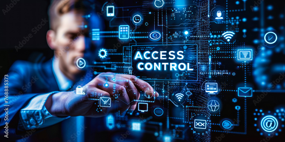 Poster advanced network security concept with access control systems, digital authentication, data protecti
