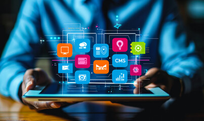Business professional interacts with virtual interface displaying Content Management System CMS & related technologies for website management, content creation, digital marketing strategies on tablet