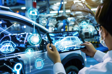 Industry engineer in factory using smart tablet device to control networking for auto industry. Smart industry 4.0 technology concept - obrazy, fototapety, plakaty