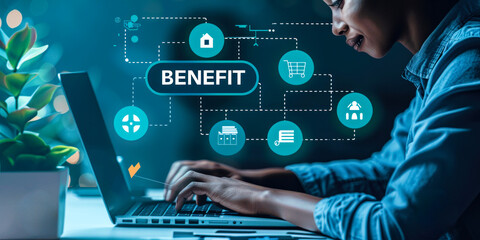 Professional using virtual interface to analyze business benefits with icons for strategy, finance, and goal achievement