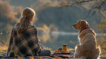 Teenage girl having a picnic with her dog and food while perched on a plaid - Powered by Adobe