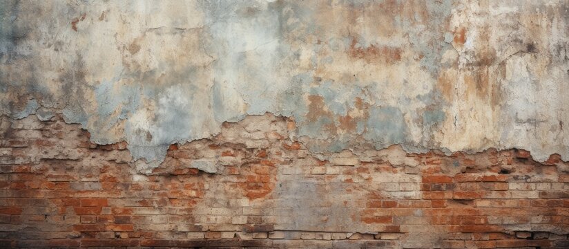 A close-up view of a brick wall showing signs of wear with peeling paint flaking off the surface. The weathered appearance gives the wall a textured and aged look.