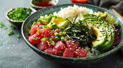 This colorful tuna poke bowl is a feast for the eyes, featuring succulent cubes of tuna, creamy avocado, and a bed of white rice, sprinkled with sesame seeds.