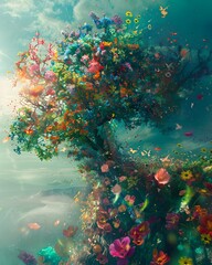 Fototapeta na wymiar A Surreal Flowering Tree of Maternal Vibrant Illustrative Painting Celebrating Mother s Day