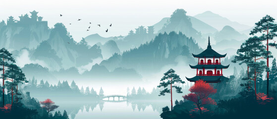 Foggy mountain landscape with a classic Chinese pagoda and bridge, invoking mystic serenity.