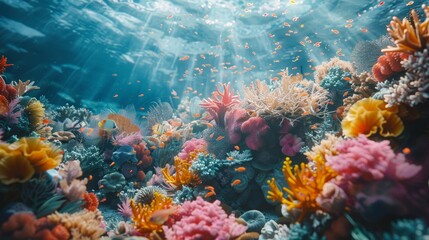 Fototapeta na wymiar A stunning underwater scene of a diverse coral ecosystem bathed in the sunlight, showcasing the vivid colors and bustling activity of marine life.