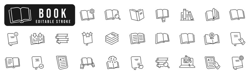 New book related line icon set. Library, diary, open book, pages, bookmark, magazine, ebook etc. Editable stroke - obrazy, fototapety, plakaty