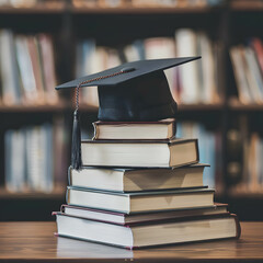A graduation cap on top of a stack of books, illustrating the culmination of educational investment