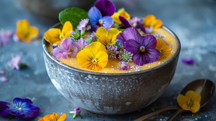 Hands holding a stone bowl filled with a bright, tropical smoothie and decorated with an array of colorful edible flowers, suggesting a healthy, vibrant lifestyle.