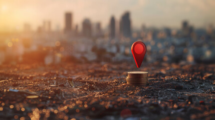 Pin icon and stack of coin on land area waiting to be sold, investing in real estate and land to create returns concept, demand for purchasing land in a good location - obrazy, fototapety, plakaty