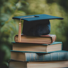 A graduation cap on top of a stack of books, illustrating the culmination of educational investment