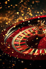 Luxurious Casino Roulette Wheel with Gold Sparkles on Black Background, Gambling and Entertainment Concept
