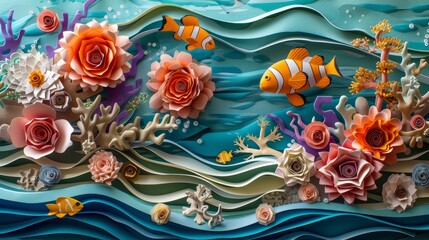 An intricate paper craft design depicting a vibrant coral reef ecosystem with various colorful tropical fish swimming amongst the paper corals.