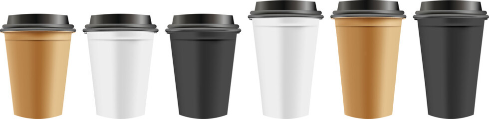 Set of realistic paper coffee cups on transparent background. Empty clean paper collection. Coffee cup Mockup. 3D vector mockup. Vector EPS 10