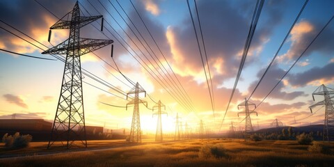 high voltage lines poles Generative AI - obrazy, fototapety, plakaty
