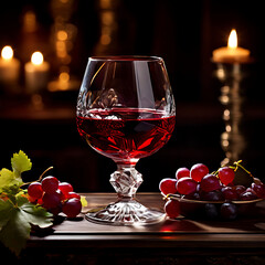 Elegant Crystal Glass of Red Wine with Grapes - obrazy, fototapety, plakaty