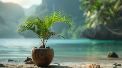 A young palm tree in a rustic wooden pot sits serenely on a sandy beach, with a calm turquoise sea and misty mountains in the background.