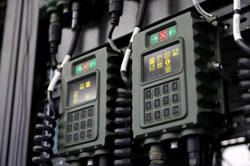 Close up of military radio station installed on an armored vehicle.