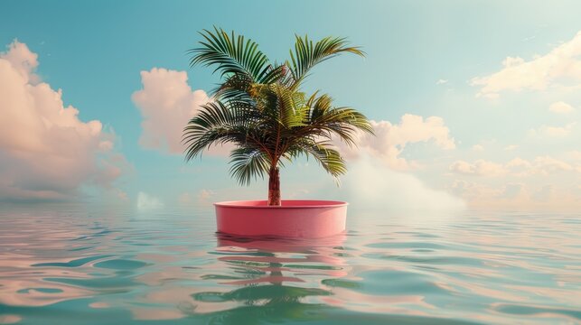 A lone palm tree stands on a pink floating island amidst tranquil ocean waters under a pastel sky, evoking a surreal and peaceful scene.