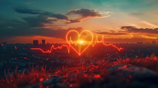 Illuminated Heartbeat Line and Heart Shape Against Sunset Sky. Conceptual Health and Love Image. Romance and Well-Being Visual. Serene Outdoor Scene. AI