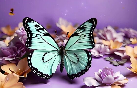 a gently turquoise butterfly sits on a flower and flaps its wings, lilac background