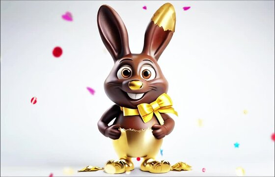 Chocolate bunny in golden wrapper rejoices at Easter