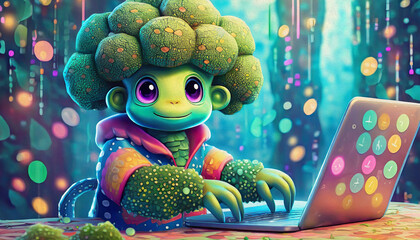 Oil painting style Close up of baby broccoli cartoon character hacker hands using laptop