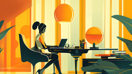 Cartoon illustration of a businesswoman working on a laptop in a bright office