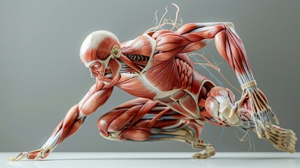 Obraz na płótnie Canvas A dynamic anatomical model depicting human musculature in a sprint start position, highlighting the powerful muscle groups engaged in rapid movement.