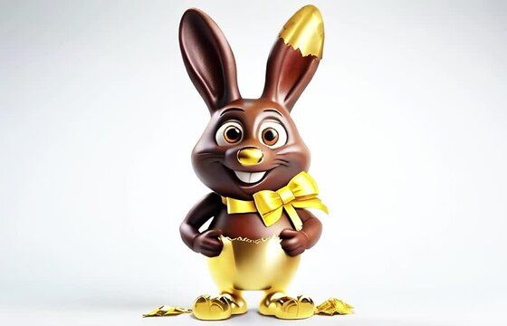 Chocolate bunny in golden wrapper rejoices at Easter