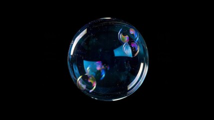 Soap sphere on a black background. Transparent 3d ball. Round rainbow bubble.