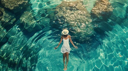 Enchanting aerial view: girl on tranquil sea surface - summer serenity captured in stunning composition