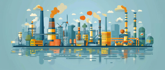 Illustration of a busy industrial cityscape emitting smoke and pollution reflecting on water.